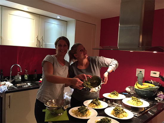 Elisa and Amy dishing up Come Dine With Me Italian Meal - at the #TLDRetreat